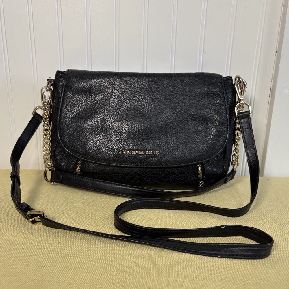 Michael Kors Leather Bedford Legacy Shoulder Bag Purse Black Pebbled Old Money